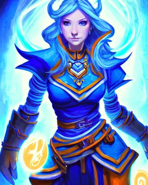 Image similar to perfectly - centered!! looking at the camera!!! full body portrait of the female blue mage, bright lighting, intricate abstract upper body intricate artwork, by hearthstone, concept art, hearthstone mastered art