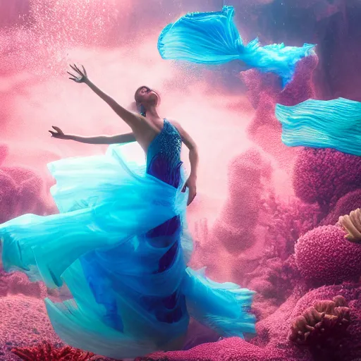 Image similar to beautiful realistic woman dancing underwater wearing a flowing dress made of blue, magenta, and yellow seaweed, delicate coral sea bottom, swirling silver fish, swirling smoke shapes, octane render, caustics lighting from above, cinematic