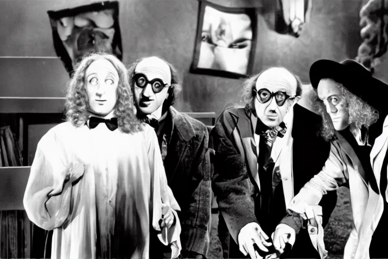 Prompt: Billy Wilder, Marty Feldman and weird al Yankovic in a still of the movie Young Frankenstein, hyperrealistic, cinema