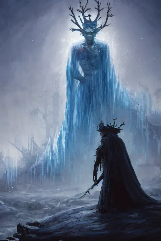 Prompt: frozen zombie man with a crown, eyes glowing blue, saling ship in the background, is at dawn and bluish, fantasy, intricate, elegant, digital painting, highly detailed, artstation, sharp focus, illustration, concept art, ruan jia, steve mccurry