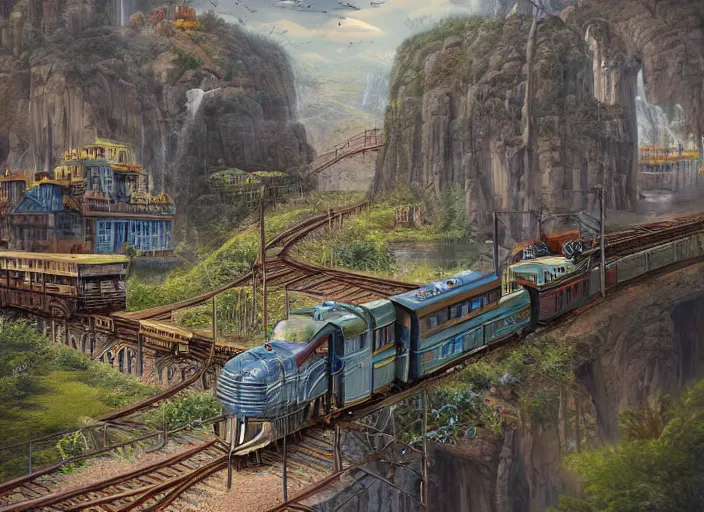 Image similar to 🛤🚞🧳, lowbrow, matte painting, 3 - d highly detailed, in the style of,