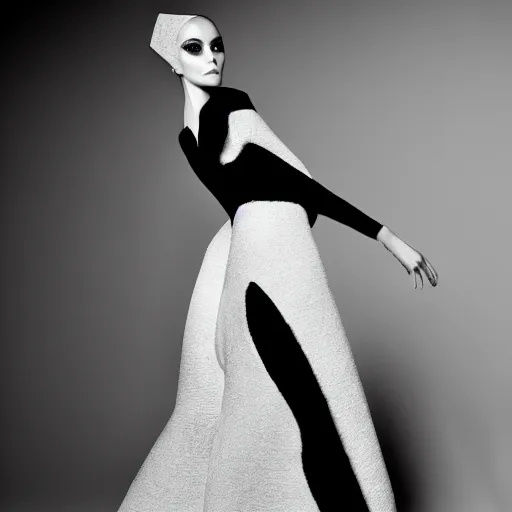 Image similar to a model dressed in an avant garde haute couture dress, angular minimalism, vogue editorial photo, sharp focus dynamic light