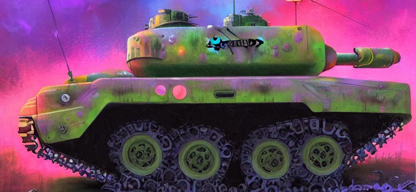 Prompt: beautiful masterpiece painting of a food truck army tank in a future radioactive glowing swamp, halo vehicle, grunge cyberpunk, by Remedios Varo and Anato Finnstark and Greg Rutkowski, dayglo pink, dayglo blue, by Craig Mullins, ilya kuvshinov, krenz cushart, artgerm, 8k, trending on ArtStation