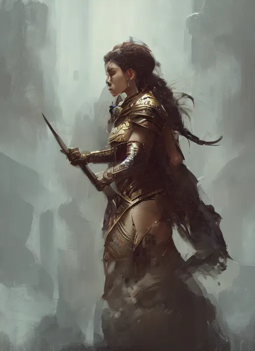 Image similar to A portrait painting of a beautiful warrior queen in the style of Greg Rutkowski, in style of Charles Sillem Lidderdale, artstation, high quality art