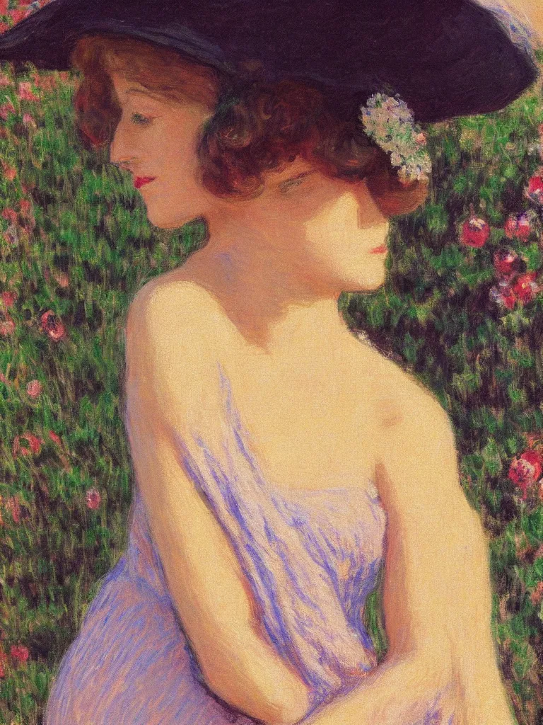 Image similar to portrait of < zelda fitzgerald > as a beautiful young lady, in the sun, slim, out of focus, pleinairism, backlit, closeup, oil on canvas, atr by monet, in the style of le promenade, smooth, impressionnisme, 8 k