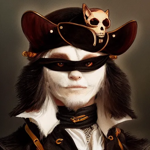 Prompt: portrait, male humanoid cat, eye patch, black fur, pirate, doctor, pirate clothes, d & d, fantasy, intricate, elegant, highly detailed, digital painting, artstation, concept art, matte, sharp focus, illustration, art by artgerm and greg rutkowski and alphonse mucha