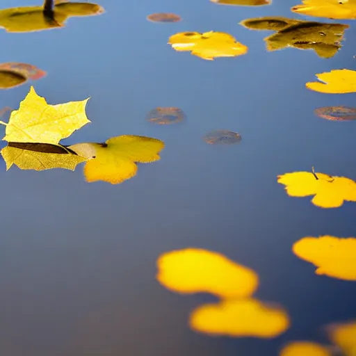 Prompt: close - up of a yellow maple leaf floating on top of a pond