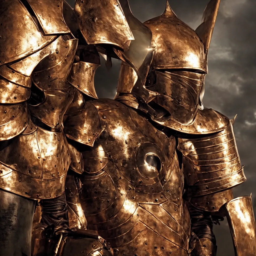 Image similar to of a photo of a knight character that has a helmet that is made of copper and gold, beautiful sculpted details, cinematic lighting, this knight is a war lord who roamed the fields in many battles, there is a faint red aura to him displaying a lot of power