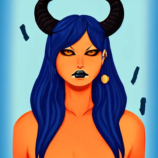 Image similar to illustrated portrait of ram-horned devil woman with blue bob hairstyle and colored orange skin tone and with solid black eyes and black sclera wearing leather by rossdraws