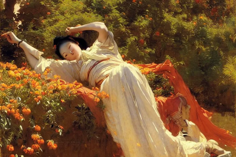 Image similar to wuxia, autumn, male rest in the garden, apricot flower falling, painting by gaston bussiere, craig mullins, j. c. leyendecker