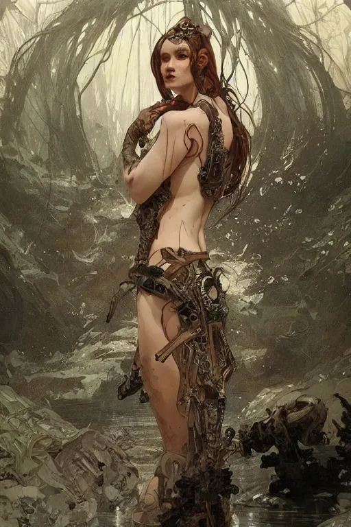 Image similar to a full body portrait of a beautiful post apocalyptic offworld nordic necromancer swimming by the waterfalls, intricate, elegant, highly detailed, digital painting, artstation, concept art, smooth, sharp focus, illustration, art by krenz cushart and artem demura and alphonse mucha