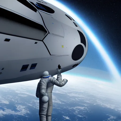 Image similar to 4 k realistic photo of an astronaut walking around a futuristic spaceship, highly detailed