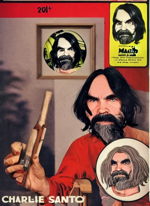 Prompt: vintage magazine advertisement depicting charles manson as a muppet