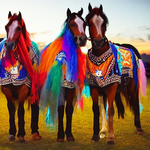 Prompt: horses dressed in festival clothes at a festival, night time