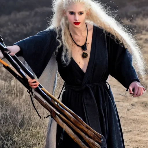 Image similar to a beautiful english woman with a long face narrow nose pale skin blue eyes red lips and wild messy tangles of curly white blonde hair, high resolution film still wearing a black robe and skull necklace and holding a spear, sandy, a journey to the west