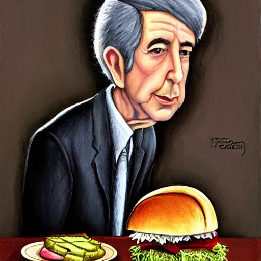 Prompt: Leonard Cohen pondering his Reuben hamburger by Todd Lockwood