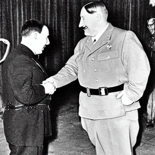 Prompt: adolf hitler shaking hands with shrek