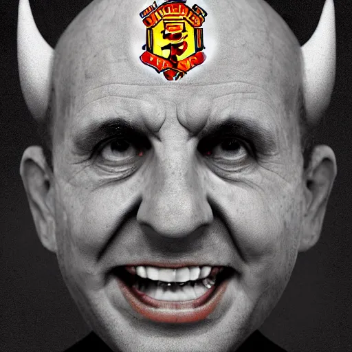 Image similar to avram glazer as the devil reincarnate, owner of manchester united football club, portrait, pure evil, devils horns, avram glazer, satan, hell, 8 k, hyperrealism, symmetry, cinematic lighting - w 1 0 2 4