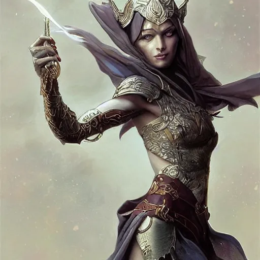 Prompt: Female Dark Elf casting a spell in a dynamic pose, D&D, fantasy, intricate, elegant, highly detailed, digital painting, artstation, concept art, matte, sharp focus, illustration, Arcane, art by Artgerm and Greg Rutkowski and Alphonse Mucha