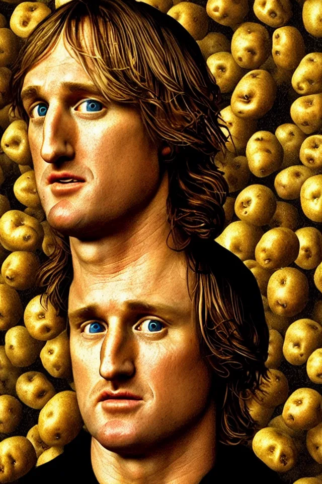 Prompt: bizarre renaissance portrait of owen wilson in a sea of thousands of highly detailed potatos, dramatic cinematic lighting, 8 k, beautiful intricate pop - art painting