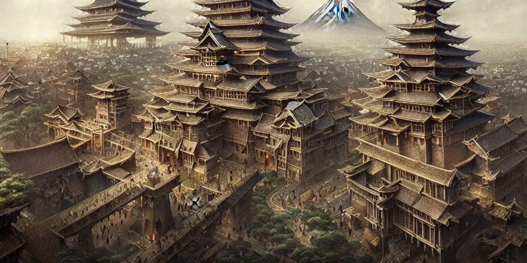 Image similar to a beautiful and insanely detailed matte painting of an advanced sprawling medieval civilization with surreal japanese architecture designed by akihiko yoshida!, whimsical!!, epic scale, intricate details, sense of awe, elite, fantasy realism, complex layered composition!!