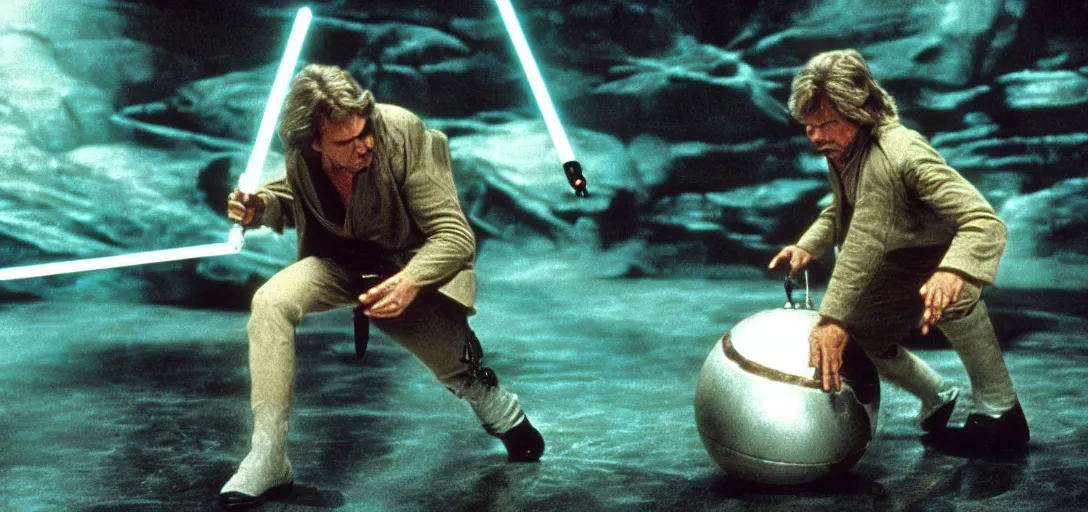 Image similar to “a Star Wars The Empire Strikes Back movie shot, Jeff Bridges from The Big Lebowski levitating a bowling ball above a swamp on Dagobah”