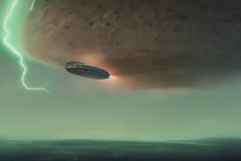 Image similar to a cinematic portrait of a cargo starship, landing in a mars base, green clouds and lightning storm, ridley scott and zack snyder, 8 k, hd, high resolution, 8 5 mm, f / 1. 8