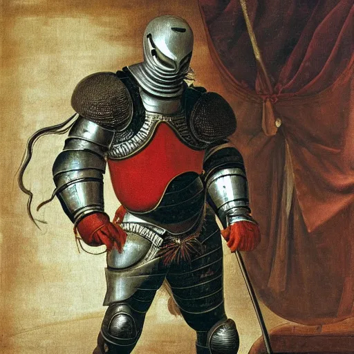 Image similar to a realistic painting by Raffaello Sanzi depicting the knight in shining armor with the head of the symbiotic Venom in the Renaissance.