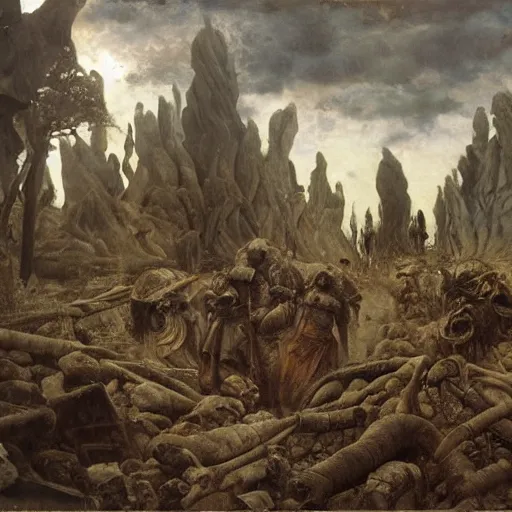 Image similar to by rudolf ernst, by pieter aertsen apocalyptic. a installation art of a coffin being carried by six men through an ethereal, otherworldly landscape. the men are all wearing hooded cloaks. the landscape is eerie & foreboding, with jagged rocks & eerie, glowing plants.