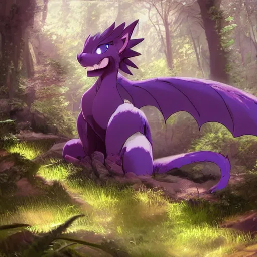 Image similar to concept art painting of a purple anime furry anthro dragon, in the deep forest, realistic, detailed, cel shaded, in the style of makoto shinkai and greg rutkowski and james gurney