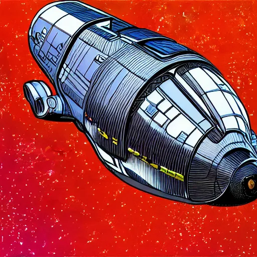 Prompt: Artistic illustration of a futuristic hard scifi spaceship in 1960s style