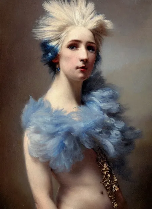 Image similar to a detailed portrait of old woamn with a extravagant mohawk by edouard bisson, blue hair, punk rock, oil painting, muted colours, soft lighting