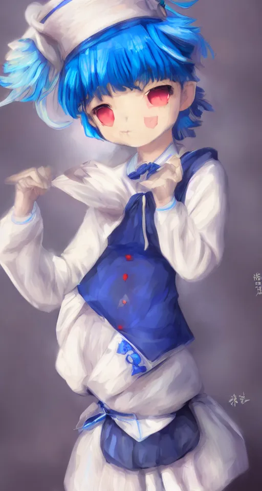 Prompt: touhou, cirno, short blue hair, digital art, trending on artstation, trending on pixiv, blue clothing