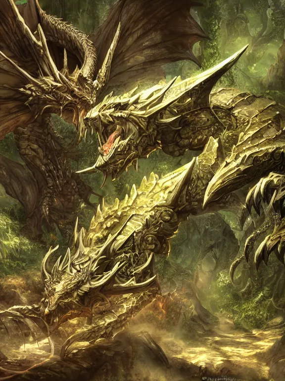 Prompt: final fantasy dragon in the woods, highly detailed, digital art, sharp focus, trending on art station, warhammer 4 0 k fantasy,