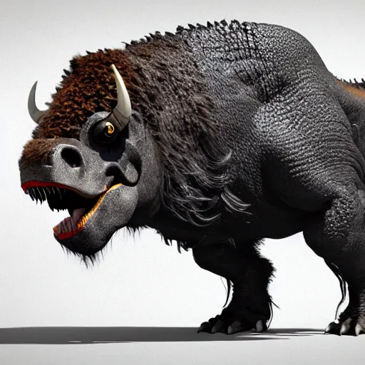 Image similar to A mix of a tyrannosaurus rex and a bison, highly detailed, 8k, Unreal Engine render