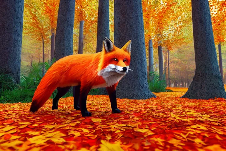 Image similar to super detailed color lowpoly art, red fox in an autumn maple forest, unreal engine, retrowave color palette, 3 d render, lowpoly, colorful, digital art, perspective