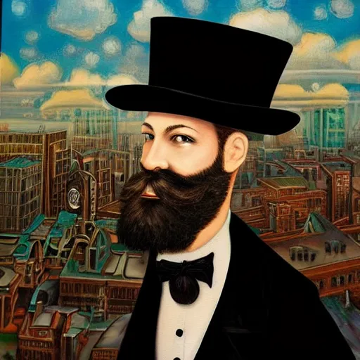 Prompt: A beautiful painting of a man with a beard and a top hat, looking over a cityscape. lomography by Mark Ryden swirling