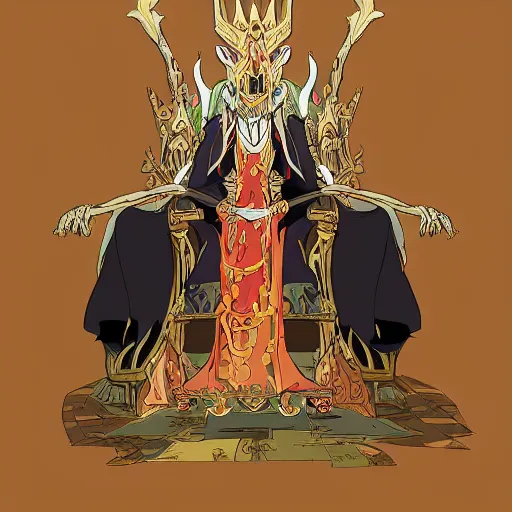 Image similar to concept art painting of a king with ornate robes, a long dragon neck, and horned skull mask, sitting on a throne, anime style, cel shaded, in the style of makoto shinkai and james gurney and studio ghibli and moebius