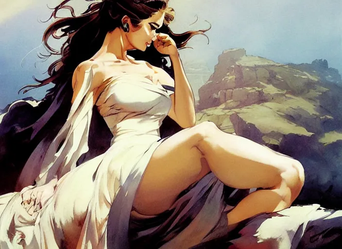 Image similar to beautiful painting of a beautiful woman with white linen with greece in the background by yoji shinkawa frank frazetta, charlie bowater, magali villeneuve, j. c. leyendecker,