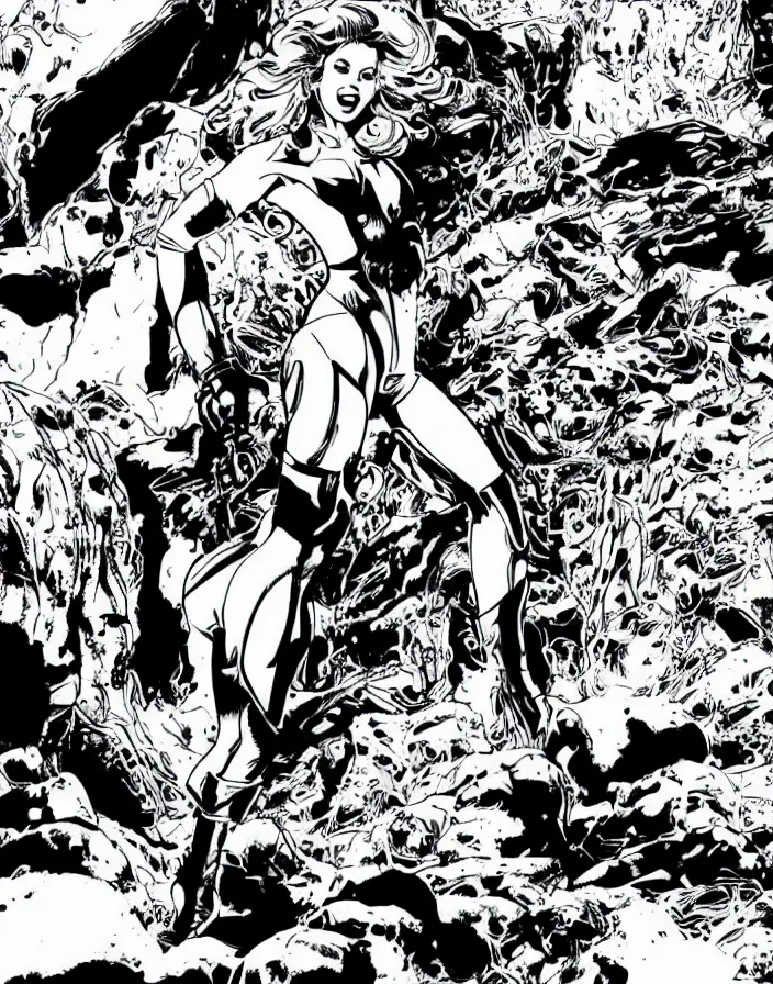 Image similar to comic page, one panel, kylie minogue as barbarella, exploring an alien planet. drawn by pablo marcos. b & w. black and white.