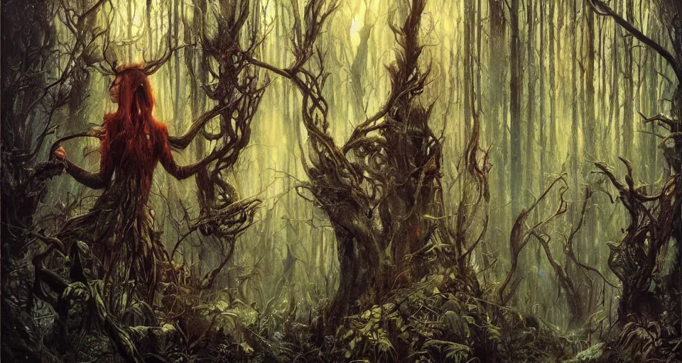 Prompt: A dense and dark enchanted forest with a swamp, by Karol Bak, by Gainax Co,