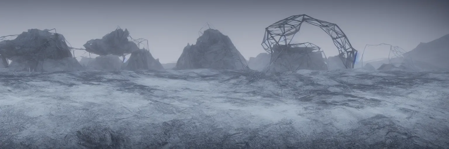 Image similar to desolated foggy cold landscape, tundra, fog , futuristic bike speeding, mountains with alien pylon outpost structure on top, fog, unreal engine 5, 4k, render, volumetric lighting, cinematic, hyperrealistic