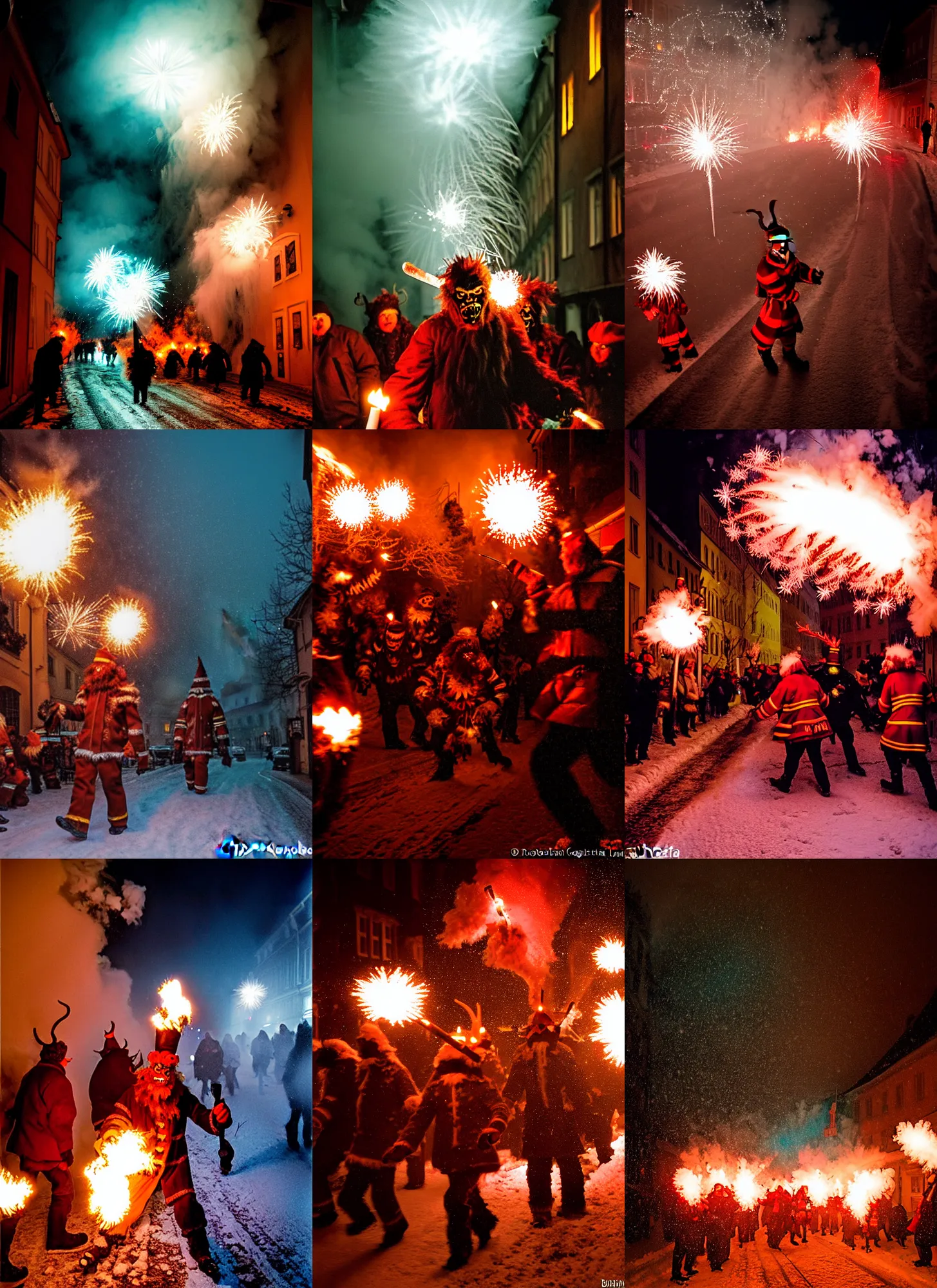 Image similar to kodak portra 4 0 0, winter, snowflakes, hellfire chaos, award winning dynamic photo of a bunch of hazardous krampus between exploding fire barrels by robert capas, motion blur, in a narrow lane in salzburg at night with colourful pyro fireworks and torches, teal lights