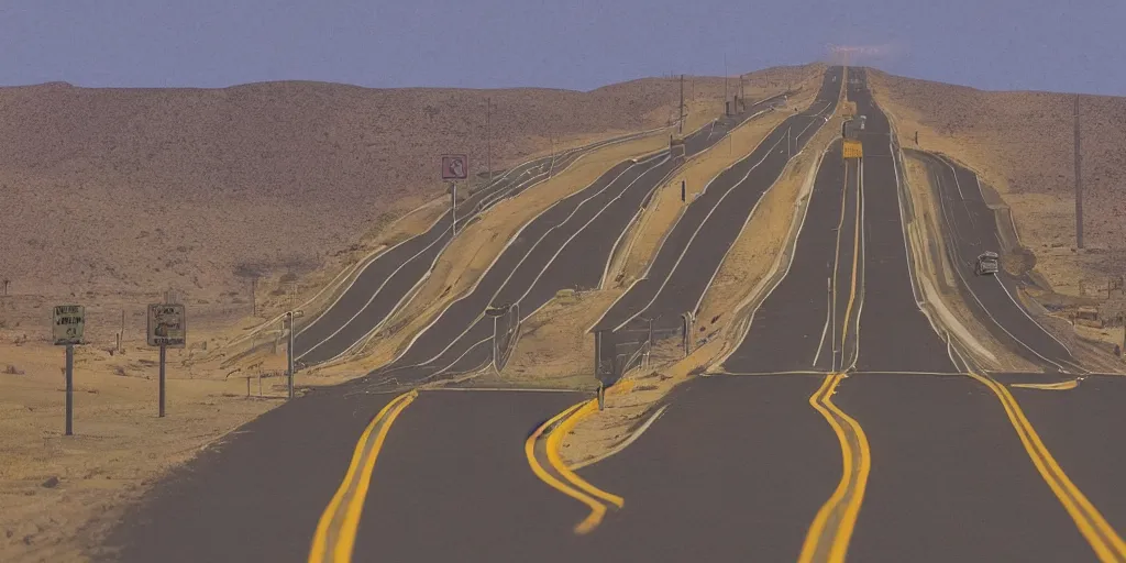 Image similar to “American highway in the style of Shawn Tan, capitalism, dystopian, mountain, desert, signs, future ”