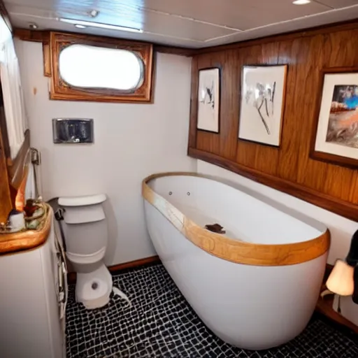 Image similar to a miniature tiny alaskan cruise ship, floating in a white old - fashioned bathtub,