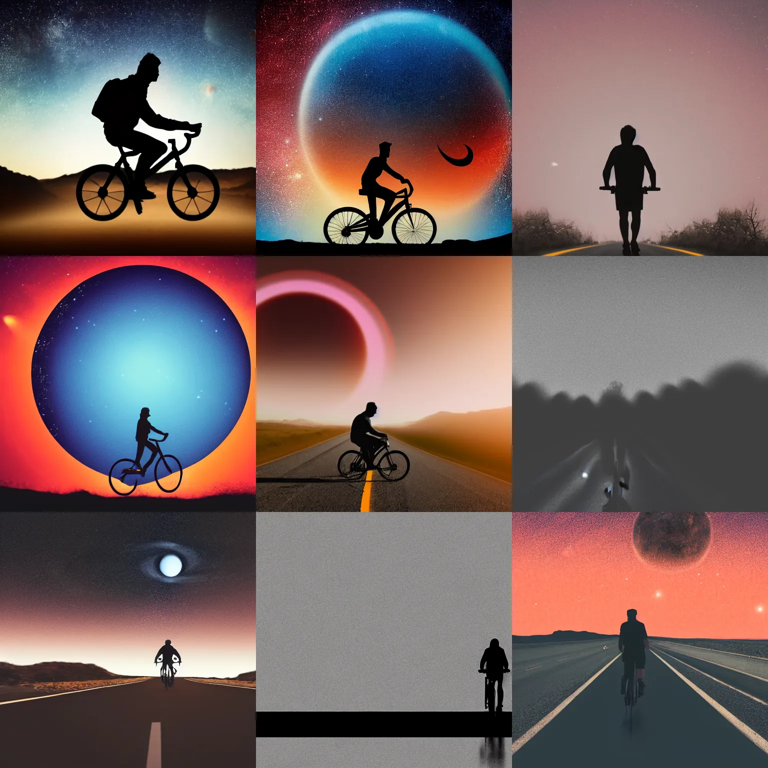 Prompt: high detail photo of a silhouette of a man riding a bicycle on a long road, behind him a giant ring planet, cinematic, atmospheric, spooky, hazy, 8k, tranquil, desolate