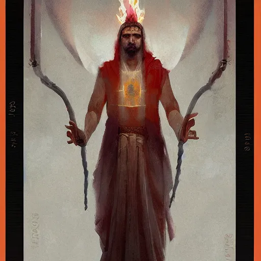 Image similar to High Priest of the Sacred Cult of Fire Spinners by Greg Rutkowski, bokeh