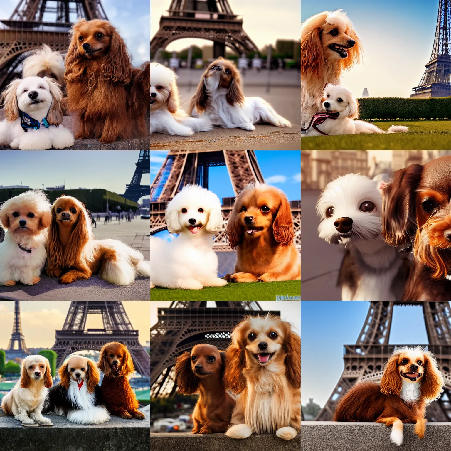 Prompt: a photorealistic closeup image of a cute brown colored long haired chihuahua cocker spaniel dog with a smiling white bichon frise dog in paris laying in front of the eiffel tower. brightly lit. extreme detail. 4 k hd unreal engine