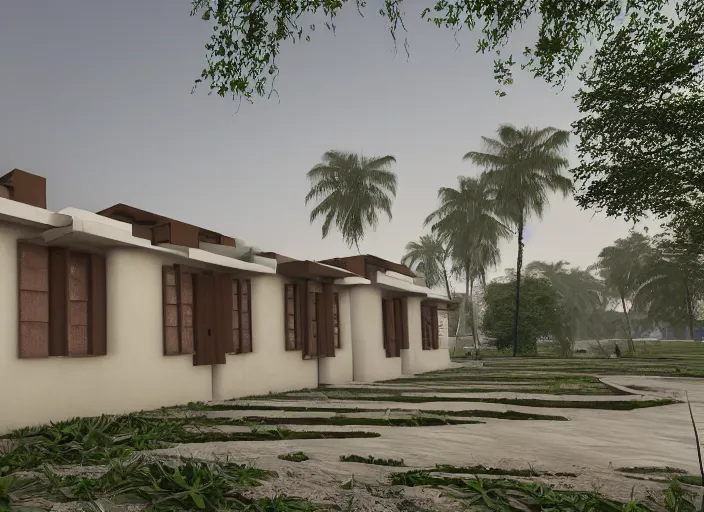 Image similar to low - cost housing designed by architect b v doshi, contemporary indian architecture style ; wide angle view 1 4 mm lens f 2 2 ; evermotion archexterior, v - ray + unreal engine + real life natural photo + daz studio iray + highly detailed 8 k textures + hdr lighting, ray traced, vue render, artstation