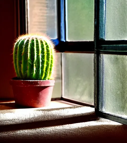 Image similar to an old photo of a cactus on a sunny windowsill, soft lighting